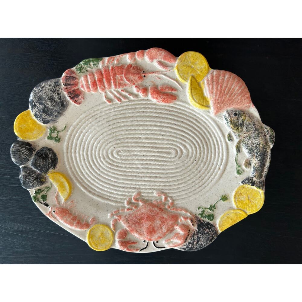 Vintage Ceramic Platter Beige Seafood Lemon Lobster Crab Fish Rope 14" Plate